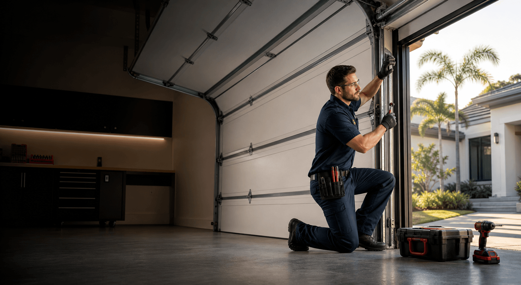 Garage door technician completing a professional track repair